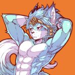  abs anthro blue_body blue_fur brown_eyes dipstick_tail fur hi_res koei_tecmo male markings muscular muscular_male orange_background saikin_san_(artist) setsuna_(warriors) simple_background sweating_profusely tail tail_markings warriors_(game_series) warriors_all-stars 