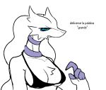  anthro biped blue_eyes bra breasts cleavage clothed clothing dialogue female fur generation_5_pokemon gonda legendary_pokemon looking_at_viewer nintendo pokemon pokemon_(species) reshiram simple_background solo spanish_text text translation_request underwear white_background white_body white_fur 