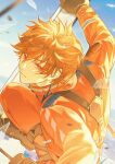  1boy absurdres blue_sky boots brown_eyes brown_footwear brown_hair closed_eyes cloud cloudy_sky firefighter highres jacket jiukuzi18797 looking_at_viewer luke_pearce_(tears_of_themis) male_focus orange_jacket orange_pants outdoors pants short_hair sky solo tears_of_themis 