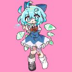  1girl ahoge alternate_costume blue_eyes blue_hair blush bow cirno hair_ornament ice_hair_ornament jirai_kei kuzucirno looking_at_viewer pink_background shoes short_hair simple_background single_shoe touhou 