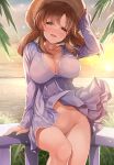  1girl blush bottomless breasts brown_eyes brown_hair cleavage dress grass hair_ornament hair_scrunchie highres horizon idolmaster idolmaster_cinderella_girls jewelry large_breasts looking_at_viewer mk_(mod0) navel necklace no_panties ocean open_mouth outdoors palm_tree railing scrunchie sky smile solo star_(symbol) star_necklace sundress sunset totoki_airi tree twintails wind wind_lift 