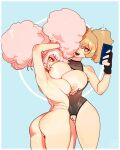  2girls afro_puffs angry ass asymmetrical_docking back blue_background breast_press breasts brown_eyes cellphone cheunchin chuatury_panlunch completely_nude cowboy_shot fingerless_gloves gloves grabbing grabbing_another&#039;s_breast gundam gundam_suisei_no_majo hand_on_another&#039;s_face highres huge_breasts large_breasts light_brown_hair long_hair multiple_girls navel nipples nude open_mouth phone pink_eyes pink_hair pussy renee_costa see-through selfie simple_background smartphone teeth yuri 
