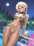  1girl bangs bikini blonde_hair blue_eyes braid breasts breasts_apart collar dutch_angle english_commentary full_moon hand_on_hip highleg highleg_bikini large_breasts moon nail_polish navel night night_sky original outdoors pointy_ears pool ronindude sky solo swimsuit twin_braids 