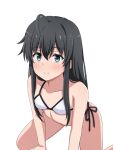  1girl bikini black_hair blue_eyes blush breasts collarbone kneeling long_hair looking_at_viewer mobmob paid_reward_available sidelocks simple_background small_breasts smile solo swimsuit white_background white_bikini yahari_ore_no_seishun_lovecome_wa_machigatteiru. yukinoshita_yukino 