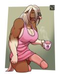  2023 5_fingers anthro artist_name balls beverage big_penis blep breasts clothed clothing coffee_cup container cup digital_media_(artwork) english_text equid equine eyes_closed fingers freckles_(artist) genitals gynomorph hair holding_coffee_cup holding_container holding_cup holding_object horse hybrid_genitalia hybrid_penis intersex juniper_(freckles) mammal muscular muscular_anthro muscular_gynomorph muscular_intersex penis simple_background solo text tongue tongue_out white_hair 