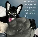  anthro belly big_belly canid canine canis clothing costume digestion domestic_dog draw_over english_text fur fursuit hi_res hybrid looking_at_viewer male mammal nordic_sled_dog oral_vore simple_background solo spitz text tongue unknown_artist videlthewusky vore wolf wolfdog 