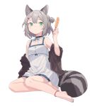  1girl animal_ear_fluff animal_ears bare_legs bare_shoulders barefoot black_choker choker clothes_down dress food full_body green_eyes grey_hair hair_bun looking_at_viewer open_clothes original peroncho popsicle raccoon_ears raccoon_girl raccoon_tail short_hair simple_background single_hair_bun sitting sleeveless sleeveless_dress smile tail white_background white_dress 