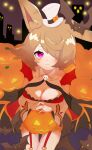  :3 althemia animal_ears bat_(animal) breasts brown_hair cleavage dragalia_lost hair_over_one_eye halloween_costume hat highres jack-o&#039;-lantern long_sleeves looking_at_viewer mini_hat mini_top_hat official_alternate_costume own_hands_together purple_eyes rabbit_ears top_hat white_headwear wide_sleeves yamaharu_(mitarasi0013) 