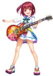  1girl ankle_socks arm_at_side blue_sailor_collar breasts clothes_around_waist guitar hair_ornament holding holding_instrument igarashi_nadeshiko instrument irodorimidori jacket jacket_around_waist looking_at_viewer medium_breasts open_mouth plectrum raised_eyebrows red_eyes red_hair sailor_collar shoes short_hair side_ponytail sleeves_past_elbows sleeves_rolled_up smile sneakers socks solo standing transparent_background white_socks 