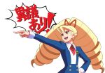  1girl ace_attorney blonde_hair brown_eyes commentary_request drill_hair hand_on_own_hip long_hair long_sleeves luna_platz_(mega_man) mega_man_(series) mega_man_star_force nobuyu_(77yusei) objection parody pointing simple_background solo translation_request upper_body white_background 