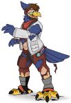  avian binturongboy bird blue_body blue_feathers boots bottomwear clothing communicator falco_lombardi falcon falconid feathers footwear hi_res jacket nintendo pants purple_body purple_feathers star_fox topwear torn_clothing transformation 