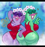  anthro big_breasts big_butt breasts butt cleavage clothed clothing duo eyes_closed female fish gesture green_body hand_on_butt hi_res huge_butt marine nickelodeon non-mammal_breasts one-piece_swimsuit open_mouth purple_body smile somescrub spongebob_squarepants swimwear thick_thighs v_sign wide_hips 