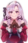  1girl absurdres black_gloves blush dress drill_hair gloves headband highres hyakumantenbara_salome hyakumantenbara_salome_(1st_costume) kimi_tsuru long_hair nijisanji off-shoulder_dress off_shoulder purple_eyes purple_hair red_dress smile solo virtual_youtuber 