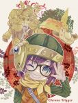  1boy 1girl blue_eyes chrono_trigger closed_mouth copyright_name glasses helmet highres looking_at_viewer lucca_ashtear one_eye_closed plant potted_plant purple_hair robo_(chrono_trigger) robot scarf short_hair smile y_kitsuno 