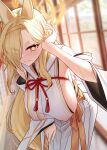  +_+ 1girl animal_ears blonde_hair blue_archive blurry blurry_background blush breasts closed_mouth commentary_request detached_sleeves eyes_visible_through_hair hair_over_one_eye hairband halo highres japanese_clothes kaho_(blue_archive) kimono large_breasts long_hair looking_at_viewer mole mole_under_mouth orange_hairband smile solar_(happymonk) solo sparkling_eyes sweat thick_eyebrows white_kimono white_sleeves wide_sleeves yellow_eyes 