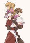  1boy 1girl ass blonde_hair boots brown_eyes brown_hair carrying clarine_(fire_emblem) fingerless_gloves fire_emblem fire_emblem:_the_binding_blade gloves long_hair looking_back miniskirt open_mouth ponytail purple_eyes rutger_(fire_emblem) serious simple_background skirt tenjin_(ahan) thigh_boots white_background white_footwear 