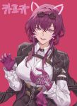  1girl :d absurdres breasts chain commentary_request eyewear_on_head gloves highres honkai:_star_rail honkai_(series) kafka_(honkai:_star_rail) large_breasts long_hair long_sleeves looking_at_viewer meng_qian_guang open_mouth purple_eyes purple_gloves purple_hair red_background shirt simple_background smile solo sunglasses translation_request upper_body white_shirt 