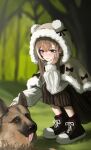  1girl 1other absurdres animal_hood bear_hood berry blurry blurry_background blush brown_capelet brown_eyes brown_footwear brown_hair brown_skirt capelet crossed_bangs dog earrings failose flustered food-themed_earrings forest fur_trim german_shepherd head_rest high_tops highres hololive hololive_english hood jewelry long_hair long_skirt multicolored_hair nanashi_mumei nanashi_mumei_(3rd_costume) nature official_alternate_costume petting plaid plaid_skirt pleated_skirt red_socks ribbon shoes skirt sneakers socks squatting streaked_hair sweater virtual_youtuber white_sweater 