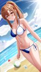  1girl absurdres aoyama_nanami ball beach beachball bikini blue_sky breasts brown_eyes brown_hair chinese_commentary cloud commentary_request commission day dutch_angle feet_out_of_frame front-tie_bikini_top front-tie_top highres horizon huanyi_huanhuanzi long_hair medium_breasts ocean outdoors pixiv_commission ponytail sakura-sou_no_pet_na_kanojo side-tie_bikini_bottom sidelocks sky solo starfish swimsuit two-tone_bikini 