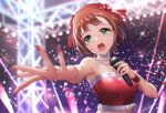  1girl amami_haruka bare_arms blurry blurry_background blurry_foreground brown_hair choker collarbone commission crop_top floating_hair green_eyes hair_ribbon highres holding holding_microphone idolmaster idolmaster_(classic) jewelry microphone music necklace open_mouth outstretched_arm outstretched_hand red_ribbon ribbon short_hair signature singing sion_(9117) skeb_commission solo sparkle spotlight stage sweatdrop upper_body white_choker 