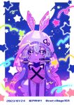  1girl aliasing animal_hood blue_background border character_name closed_mouth collarbone commentary_request criss-cross_halter dated expressionless full_moon gradient_background halterneck highres hood hood_up hoodie ikkokudou looking_at_viewer microphone moon outside_border pink_hoodie purple_eyes purple_hair rabbit_hood shooting_star_(symbol) short_hair_with_long_locks solo starry_background straight-on translation_request twitter_username upper_body vocaloid voiceroid white_border yuzuki_yukari zipper_pull_tab 