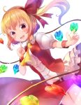  1girl absurdres adapted_costume ahoge alternate_breast_size alternate_wings ascot backlighting blonde_hair bow clip_studio_paint_(medium) collared_shirt cowboy_shot crystal flandre_scarlet hair_between_eyes hair_bow hairband happy highres looking_at_viewer medium_hair multicolored_wings negimapurinn no_headwear open_mouth puffy_short_sleeves puffy_sleeves red_bow red_eyes red_hairband red_skirt red_vest shirt short_sleeves simple_background skirt smile solo teeth thighs touhou upper_teeth_only vest white_background white_shirt wings yellow_ascot 