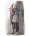  1boy 1girl black_gloves blue_headwear brown_footwear coat earrings emolior_(1000mean) fingerless_gloves full_body gloves jacket jewelry meryl_stryfe prosthesis prosthetic_arm red_coat size_difference standing trigun trigun_stampede vash_the_stampede wanted white_footwear white_jacket 