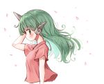 1girl arinu blush closed_mouth from_side green_eyes green_hair horns komano_aunn long_hair petals pink_shirt profile shirt short_sleeves simple_background single_horn solo touhou upper_body white_background 