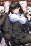  1girl black_hair black_pantyhose black_suit blue_archive blush breasts formal hair_ornament hairclip halo highres large_breasts long_hair pantyhose pleated_skirt red_eyes ribbed_sweater rio_(blue_archive) shirokuma_a skirt spread_legs suit sweater turtleneck turtleneck_sweater 