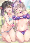  2girls ;d absurdres ahoge animal_ears animal_hands barefoot black_hair blue_bra blue_hair blue_panties blush bra breasts cat_cutout cat_ears cat_lingerie clothing_cutout commentary_request fake_animal_ears gloves grey_hair highres kneeling lingerie long_hair looking_at_viewer meme_attire multicolored_hair multiple_girls navel ogata_tei one_eye_closed onii-chan_wa_oshimai! open_mouth oyama_mahiro oyama_mihari panties paw_gloves pink_eyes pink_hair purple_bra purple_gloves siblings sisters small_breasts smile toes two-tone_hair underwear 