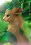  ambiguous_gender big_ears brown_eyes canid eeveelution feral fur generation_4_pokemon green_ears green_hair hair hi_res leaf leaf_hair leaf_tail leafeon mammal nintendo plant plant_hair pokemon pokemon_(species) pseudo_hair solo virta virtalion yellow_body yellow_fur 