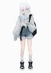  1girl absurdres backpack bag belt black_belt blue_hair blue_shorts casual cellphone colored_inner_hair grey_sweater highres light_blue_hair lize_helesta long_hair long_sleeves looking_at_phone multicolored_hair napori515 nijisanji phone purple_eyes ribbed_socks shoes shorts simple_background sleeves_past_fingers sleeves_past_wrists smartphone sneakers socks solo sweater white_background white_hair white_socks 