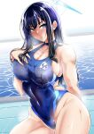  1girl bare_shoulders blue_archive blue_eyes blue_hair blush breasts choker cleavage covered_navel halo highres long_hair one-piece_swimsuit pool poolside saori_(blue_archive) shiriya solo swimsuit wet 