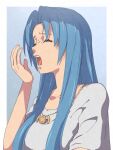  1girl ancient_ys_vanished blue_background blue_hair border chiharu_(9654784) closed_eyes collarbone commentary_request feena_(ys) highres jewelry long_hair necklace open_mouth solo teeth upper_body white_border yawning ys 