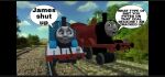  anthro black_eyes blue_body coal drugs duo friends grey_face insane james_the_red_engine lamp living_machine machine male male/male mattel not_furry profanity red_body steam_locomotive thomas_and_friends thomas_the_tank_engine trainzenjoyer triangular_eyebrows wheels whistle_(object) worried 