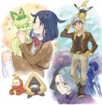  1girl 2boys amethio_(pokemon) animal belt black_footwear black_hair black_shirt blue_eyes blue_hair blush boots bow bowtie brown_belt brown_jacket brown_skirt cat ceruledge closed_mouth collared_shirt cross-laced_footwear dark_blue_hair ears_visible_through_hair eyes_visible_through_hair friede_(pokemon) frown fuecoco goggles goggles_on_head grey_hair grin hair_ornament hairclip hani_(udauda) holding holding_animal holding_cat holding_pokemon indigo_academy_uniform jacket kneehighs lace-up_boots liko_(pokemon) long_sleeves medium_hair multicolored_hair multiple_boys on_head one_eye_closed open_clothes open_jacket pants pikachu pink_bow pink_bowtie pokemon pokemon_(anime) pokemon_(creature) pokemon_horizons pokemon_on_head purple_eyes school_uniform shirt skirt smile snorunt socks split-color_hair sprigatito star_(symbol) v-neck white_shirt white_socks yellow_eyes 