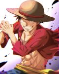  1boy black_hair commentary hat highres long_sleeves looking_at_viewer male_focus monkey_d._luffy one_piece open_clothes red_shirt scar scar_on_cheek scar_on_chest scar_on_face shirt short_hair smile solo straw_hat suzu_(suzuran_piece) teeth 