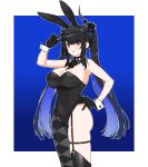  1girl absurdres animal_ears asymmetrical_legwear black_gloves black_hair blue_background blue_hair breasts cleavage colored_inner_hair detached_collar garter_straps gloves hand_on_own_hip highres hololive hololive_english horns large_breasts long_hair mole mole_under_eye multicolored_hair nerissa_ravencroft okunin playboy_bunny rabbit_ears rabbit_tail red_eyes single_leg_pantyhose skindentation tail thigh_strap twintails v virtual_youtuber wrist_cuffs 