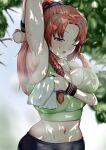  1girl absurdres arm_up armband armpits blurry blurry_background braid breasts cleavage commentary dappled_sunlight day green_tank_top highres holding holding_towel hong_meiling huge_breasts looking_down midriff navel one_eye_closed open_mouth orange_hair outdoors parted_bangs plant ponytail presenting_armpit shade sportswear sunlight sweat tank_top touhou towel twin_braids upper_body wiping_sweat yahow 