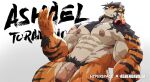 2023 abs absurd_res anthro artist_name ashael ashendawger back_tuft beard black_hair black_stripes character_name chest_tuft claws facial_hair felid finger_claws flexor_carpi fur genitals hair hand_out hand_tuft headphones headphones_around_neck hi_res humanoid_genitalia humanoid_penis looking_forward low-angle_view male mammal muscular muscular_anthro muscular_male muscular_thighs nipples nude obliques orange_body orange_fur pantherine pecs penis promotional_material pubes red_eyes scar solo striped_body striped_fur stripes tiger triceps tuft vein veiny_muscles veiny_penis white_hair 
