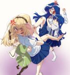  4girls anger_vein barefoot blonde_hair blood blood_on_clothes blood_on_face blue_eyes blue_hair brown_eyes brown_headwear dress fighting furude_rika gradient_background green_dress headband higurashi_no_naku_koro_ni houjou_satoko long_hair multiple_girls naibe nosebleed open_mouth school_uniform short_hair socks teeth white_socks 