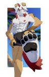  2023 abs anthro areola arknights arm_tattoo athletic athletic_anthro athletic_male canid canine canis clothing domestic_dog feet foot_fetish foot_focus fur hair hi_res horn hung_(arknights) hypergryph jyuuzai long_hair looking_at_viewer low-angle_view male mammal nipples palm_tree pawpads plant red_hair red_horn red_tail solo studio_montagne swimwear tail tan_body tan_fur tattoo tree white_body white_fur white_hair yellow_eyes 