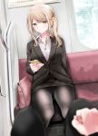  1boy 1girl bag black_pantyhose blonde_hair breasts brown_eyes cellphone highres long_hair office_lady oouso original panties panties_under_pantyhose pantyhose pantyshot pencil_skirt phone pov purple_panties side_ponytail sitting skirt smartphone train_interior underwear 