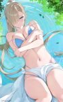  1girl absurdres asuna_(blue_archive) bare_arms bare_legs bare_shoulders bikini blue_archive blue_bikini blue_eyes blush breasts closed_mouth groin hair_over_one_eye highres large_breasts light_brown_hair long_hair mole mole_on_breast navel partially_submerged rosumerii sarong solo swimsuit very_long_hair white_sarong 