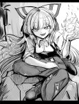  1girl fire flame fujiwara_no_mokou greyscale hair_ribbon holding_flame looking_at_viewer mizuga monochrome open_mouth pants ribbon shirt smile solo touhou white_shirt 