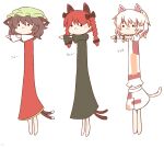  216 3girls :&lt; animal_ear_fluff animal_ears barefoot bell black_bow black_dress blush bow bracelet braid brown_eyes brown_hair cat_ears cat_girl cat_tail chen dress earrings goutokuji_mike green_headwear hair_bow hat jewelry kaenbyou_rin long_hair longcat_(meme) meme mob_cap multicolored_clothes multicolored_hair multicolored_shirt multicolored_shorts multicolored_tail multiple_girls multiple_tails outstretched_arms red_dress red_hair short_hair shorts signature single_earring solid_circle_eyes tail touhou translation_request twin_braids twintails two_tails 
