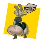  anthro big_butt blush bottom_heavy bottomwear butt clothing cross-popping_vein crouching curled_hair eldiipiid footwear fur girly hair half-closed_eyes harry_gray_(eldiipiid) hi_res hotpants huge_butt lagomorph leporid male mammal narrowed_eyes pear-shaped_figure rabbit shirt shoes shorts simple_background sneakers solo t-shirt thick_thighs topwear white_body white_fur white_hair wide_hips 
