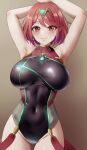  1girl absurdres amayo_thranana armpits arms_up blush breasts closed_mouth covered_navel cowboy_shot groin highres large_breasts looking_at_viewer multicolored_clothes multicolored_swimsuit official_alternate_costume one-piece_swimsuit pyra_(pro_swimmer)_(xenoblade) pyra_(xenoblade) red_eyes red_hair short_hair smile solo suspenders swept_bangs swimsuit tiara xenoblade_chronicles_(series) xenoblade_chronicles_2 