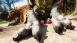  2_penises animal_genitalia animal_penis blue_body blue_scales butt capcom claws depth_of_field fanged_wyvern feet feral foot_focus genitals grass hemipenes hi_res hindpaw looking_at_viewer looking_back lying male monster_hunter multi_genitalia multi_penis on_front open_mouth pawpads paws penis penis_backwards plant raised_tail red_eyes sand scales solo tail tobi-kadachi tongue tongue_out tree zdnoz 