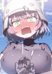  1girl black_gloves black_undershirt blue_archive blush breasts combat_helmet covered_nipples cum flustered gloves green_eyes halo helmet highres hitotose_rin large_breasts medium_hair open_mouth purple_hair saki_(blue_archive) sky solo stahlhelm sweatdrop teeth upper_teeth_only 